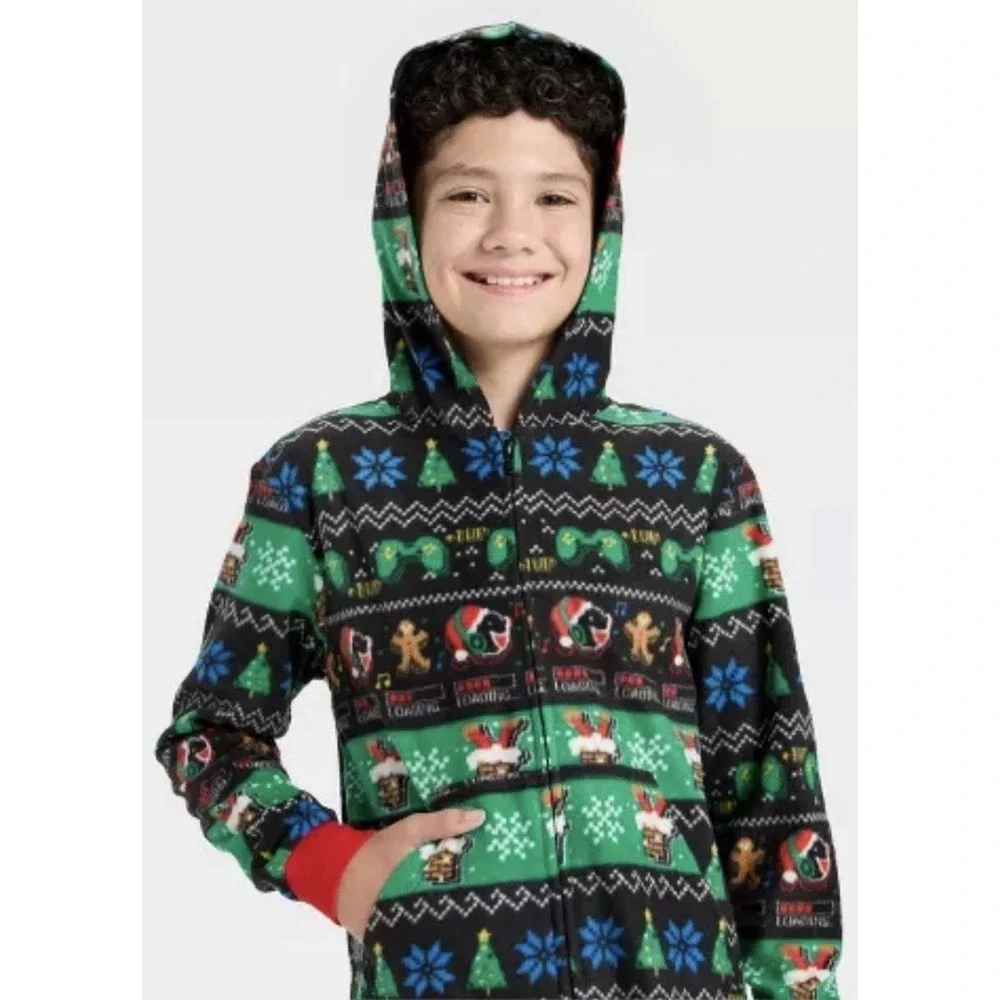 Cat & Jack Boys Christmas Gamer Faire Isle Hooded Pajamas Union Suit Long Sleeve